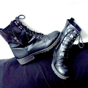 Black Vegan Leather Lug Sole Lace Up Combat Boots with Y2K Bling Rhinestones